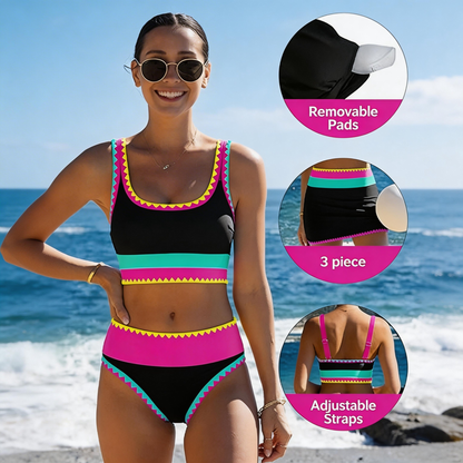 🌼Sportieve 3-delige bikiniset van nylon met kleurblokken en patchwork - Zwempak met hoge taille en buikcorrectie👙🌈