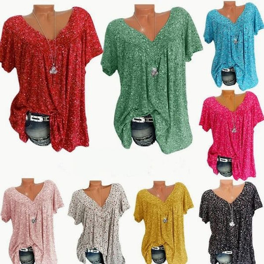 🌞Fris De Lente In Met 50% Korting!🌸 Dames korte mouwen blouse met voorjaarsbloemenprint: V-hals & losvallende pasvorm – Ademend, kreukvrij & flatteus voor lente & zomer