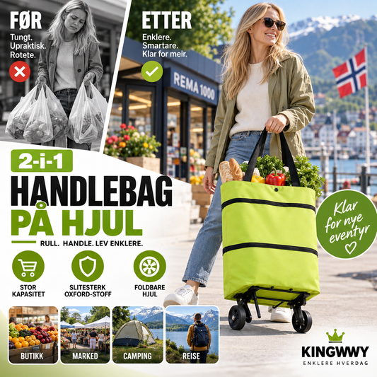 🧳 2-i-1 sammenleggbar handlekurv – Stor kapasitet og slitesterkt Oxford-stoff – Perfekt til matbutikken, markedet, camping og reiser 🌿