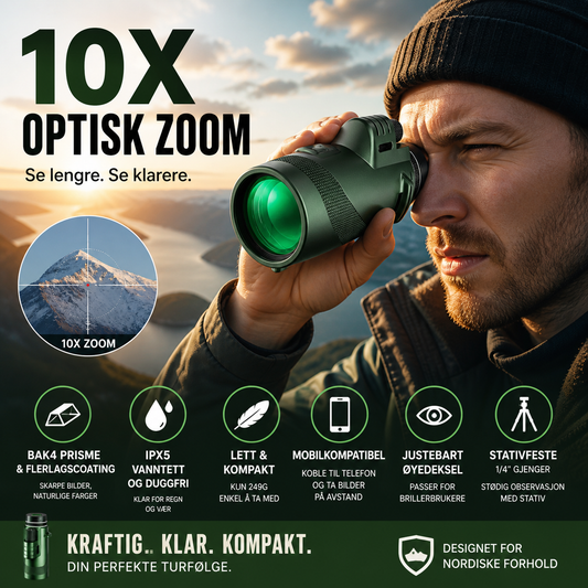 🔭 10x militærkikkert – BAK4, vanntett, lett (249g). Perfekt til jakt, fugletitting og fotografering! 📸✨