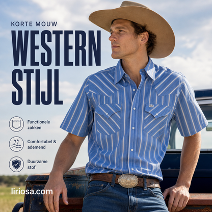 Ely Cattleman gestreept westernhemd met korte mouwen en drukknopen voor heren, herenoverhemden met functionele stof en zak, korte mouwen, klassiek, polyester