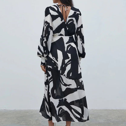 Vrouwen Trendy Print V-hals Lantaarnmouwen Jurk met Zijdelingse Split