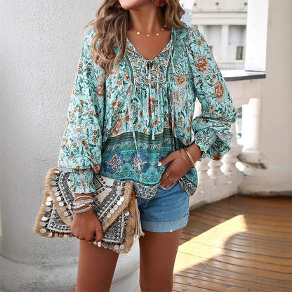 💖Hot Sales-50% OFF✨Women's Fashion Printed v-Neck Long Sleeve Shirt