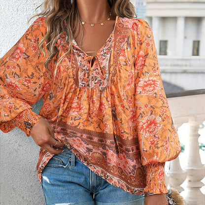 💖Hot Sales-50% OFF✨Women's Fashion Printed v-Neck Long Sleeve Shirt