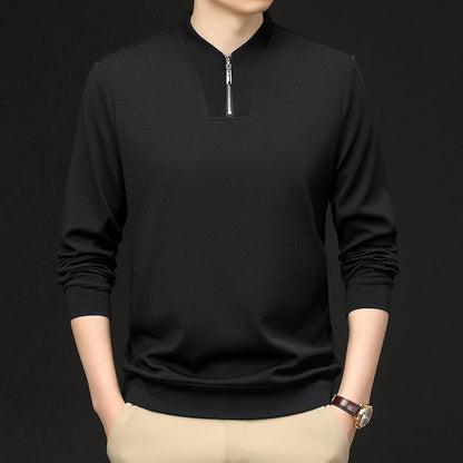Men’s Solid Zipper V-Neck Long Sleeve Tops
