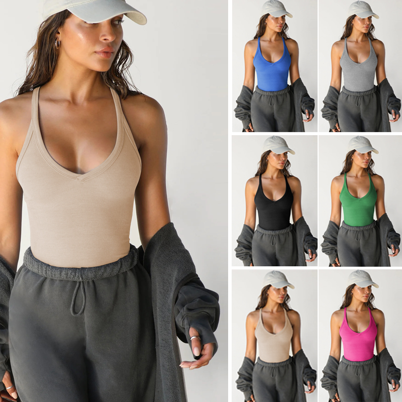 Women's Casual Solid Deep V-Neck Racerback Tank Top