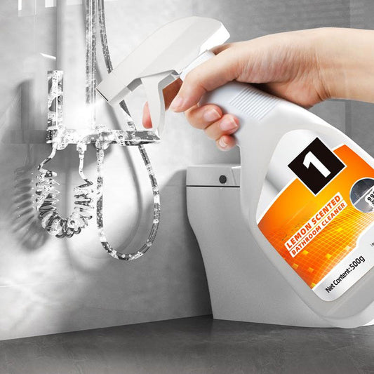 Multifunctionele vlekverwijderende badkamerreiniger in sprayvorm met citroengeur.