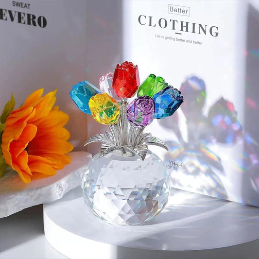 🏆Valentijnsdag Hot Sale 50% KORTING❤️ Kristallen kleurrijke rozenbloem verzamelbeeldje met vaas💐💫