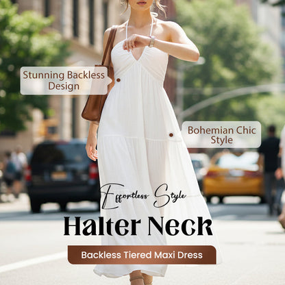 💃 Nieuwe zomercollectie✨ Maxi-jurk met halternek, open rug en ruches - zwierig, resortstijl🌸