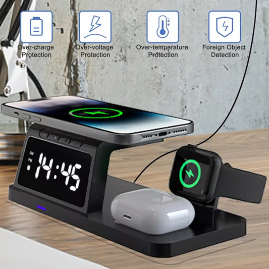 4-in-1 Snel Draadloos Oplaadstation met Klok