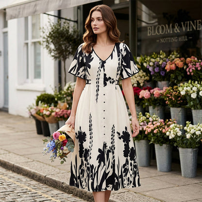 👗 Zachte Midi Jurk met Botanische Print & V-Hals – Licht, Elegant & Makkelijk te Dragen | Nu 52% KORTING | Maten S t/m 5XL! 🌸✨