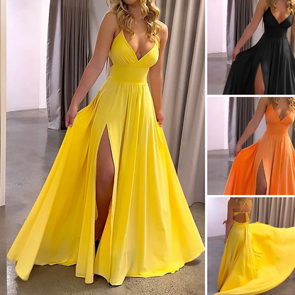 👗 NU 50% KORTING! 🌸 Maxi-jurk met V-hals, spaghettibandjes en hoge split – Soepelvallende stof, elegante pasvorm & perfect voor zomeravonden 💃