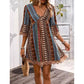 📢📢50% KORTING !! ⏰De Bohemian-jurk met kanten rand: V-hals, lange mouwen, all-over print