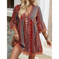 📢📢50% KORTING !! ⏰De Bohemian-jurk met kanten rand: V-hals, lange mouwen, all-over print