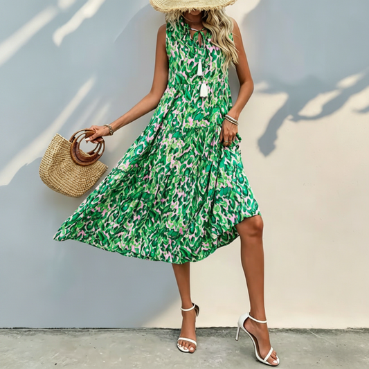 👗Nieuwe collectie 50% korting🌸 Mouwloze midi-jurk voor dames met abstracte print en ruches