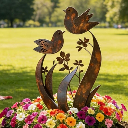 Rustieke metalen tuinpaal met vogel- en bloemmotief