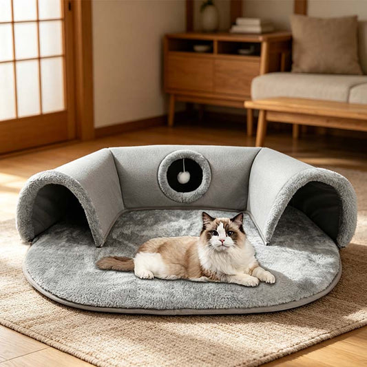 🐱 50% KORTING! 🛏️ Pluche 2-in-1 kattentunnelbed – Opvouwbaar, krasbestendig & knus – Combineert een schuilplaats met een zacht slaapmatje – perfect om te spelen, uit te rusten en een dutje te doen 🐾