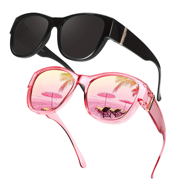 Zwart montuur – grijze glazen + roze montuur – roze glazen