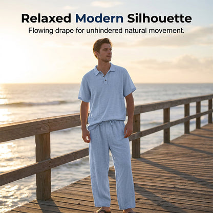 Casual herenoverhemd en -broek van linnenmix, losse pasvorm, strandkleding
