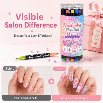 💅 50 % RABATT I BEGRENSET TID! 💥 Sett med 24 farger med neglelakkpenner med to spisser – Kreativt, i salongkvalitet, enkelt å bruke selv ✨