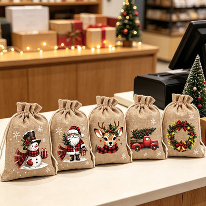 🎁 50% KORTING💥Kerstcadeauzakjes met Schattige Prints | Herbruikbaar & Scheurvast | Met Koordsluiting voor Snoep, Sieraden & Kleine Cadeautjes