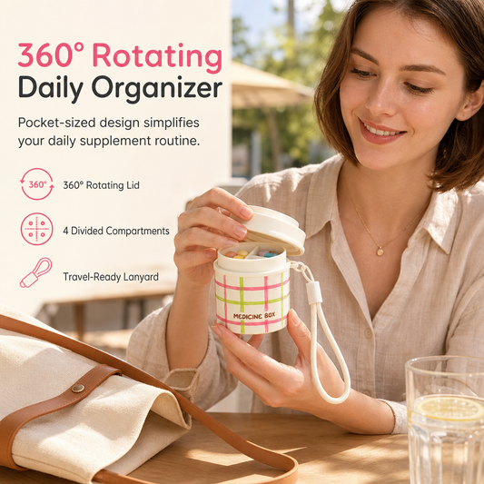 💊 360° roterende pilleboks – 4 rom, roterende lokk, avtakbar kjerne. Perfekt for reiser og daglig bruk! ✨🧳